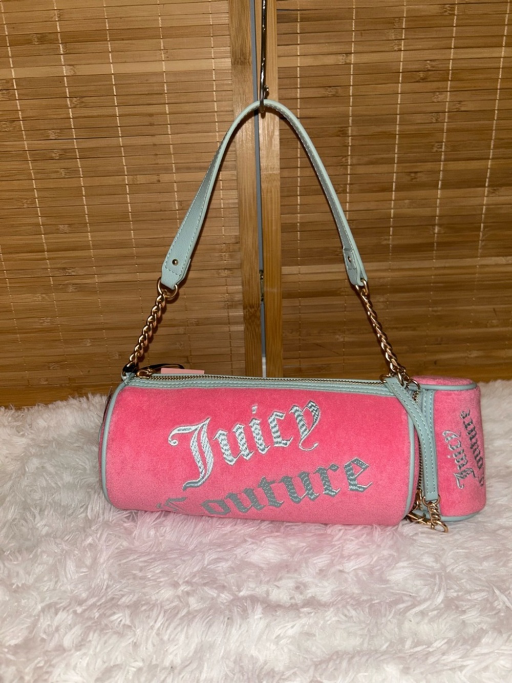 Juicy Couture Pink Lemonade velour barrel bag with turquoise trim purse NWT Y2K